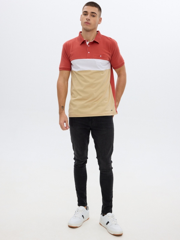 Woven striped polo shirt brick red front view