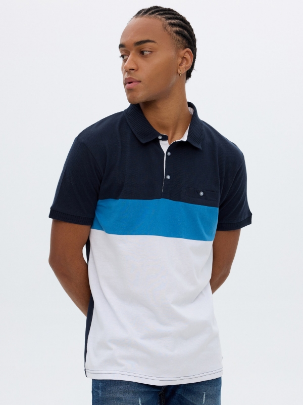 Woven striped polo shirt navy middle front view