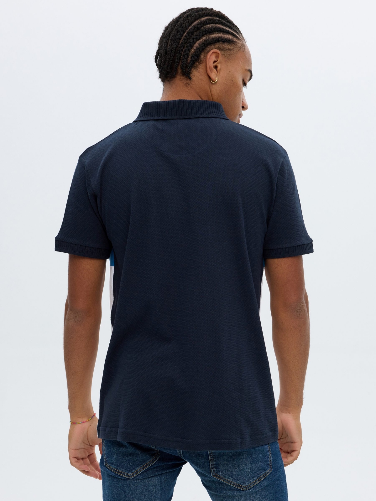 Woven striped polo shirt navy middle back view