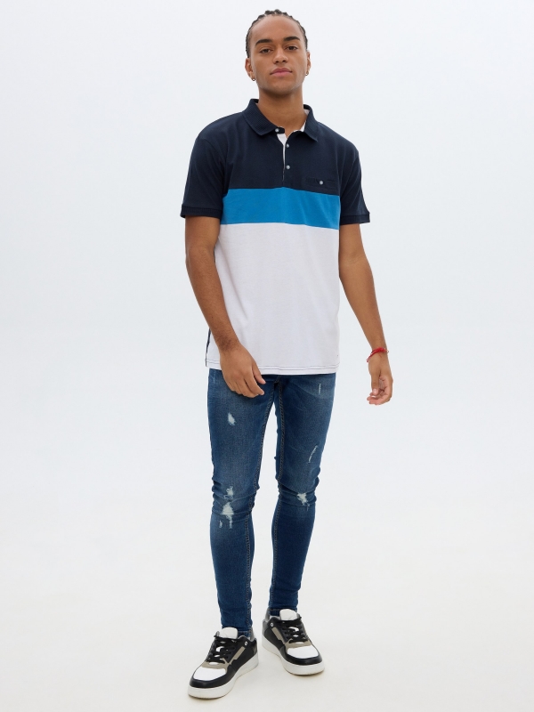 Woven striped polo shirt navy front view