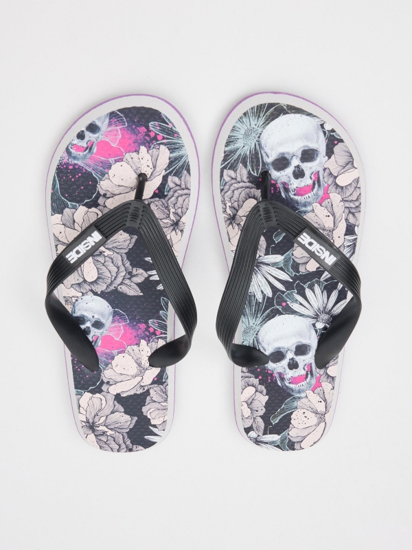 Flip flops with flowers and skulls black
