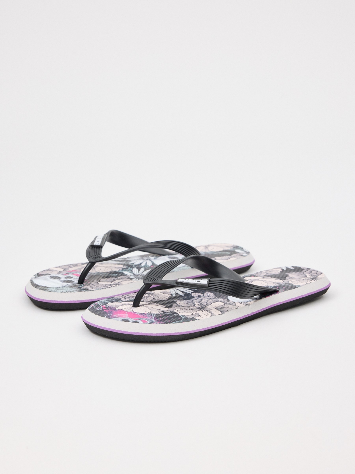 Flip flops with flowers and skulls black lateral view