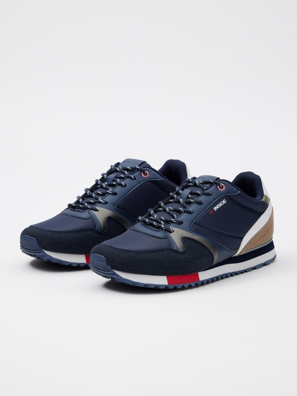 Combined nylon casual sneakers navy 45º front view