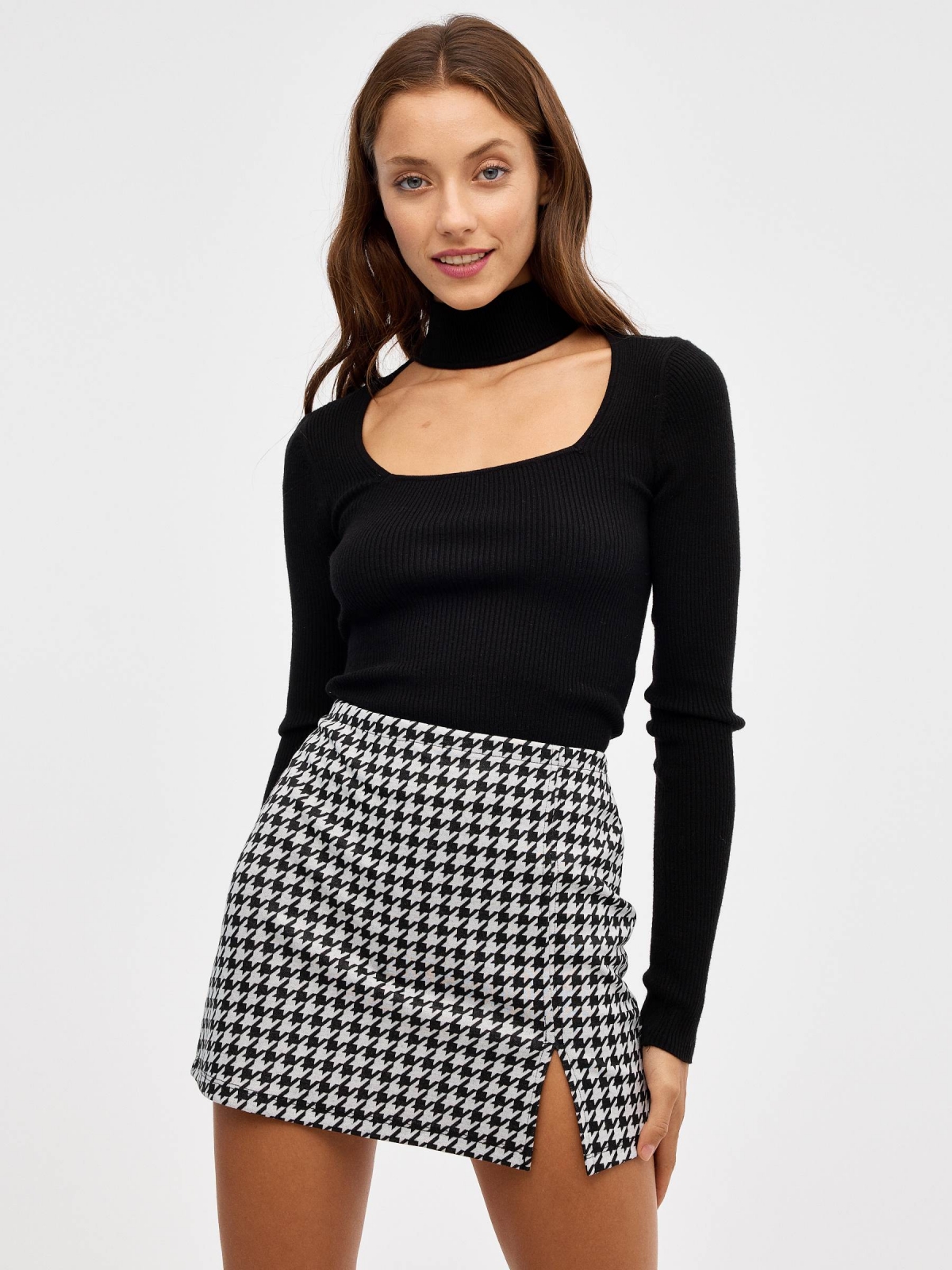 Mini jacquard skirt with slits black middle front view