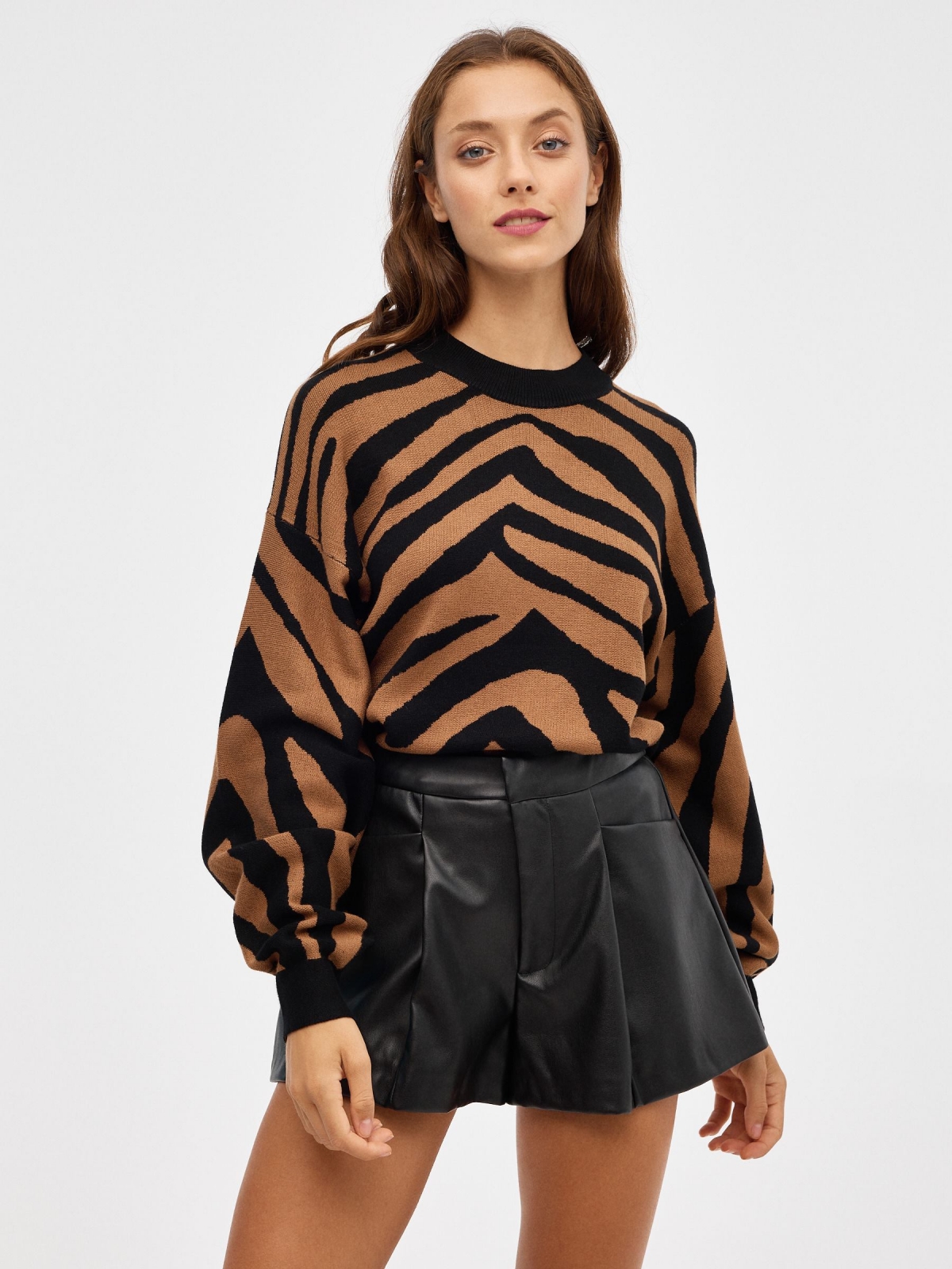 Animal print jacquard sweater brown middle front view