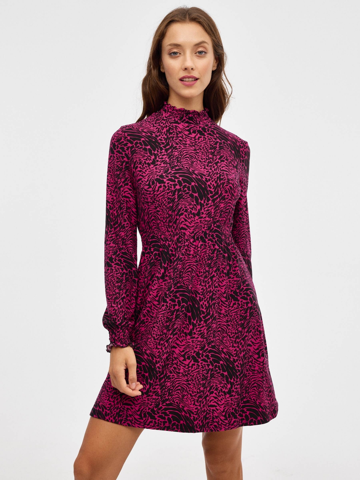 Mini dress perkins animal print fantasy magenta middle front view