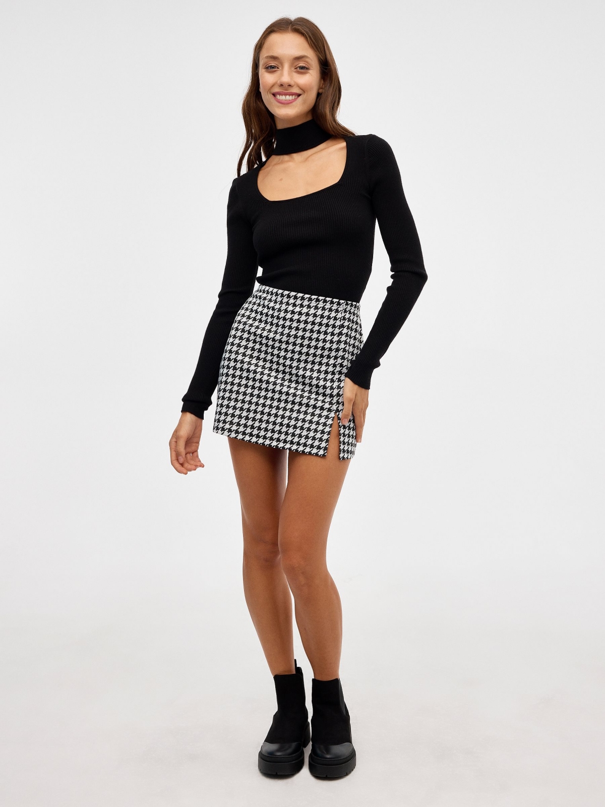 Mini jacquard skirt with slits black front view