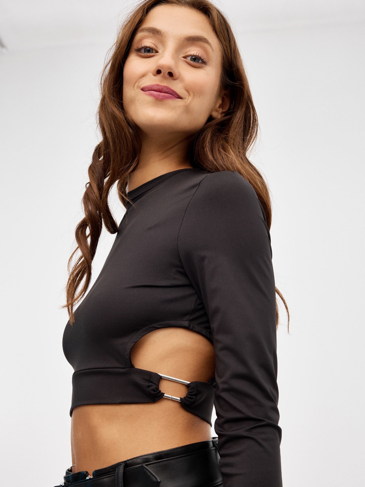Crop T-shirt with cut out black detail view