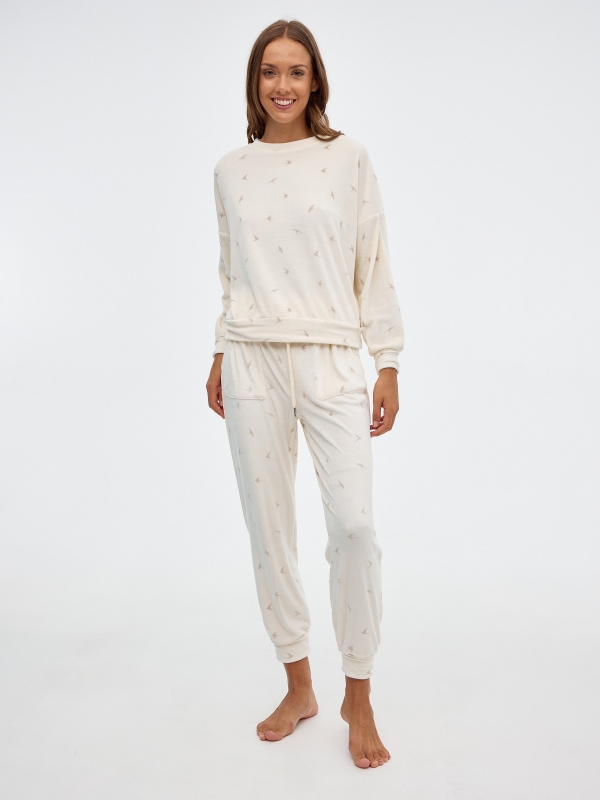 Pijama com print de veludo off white vista geral frontal