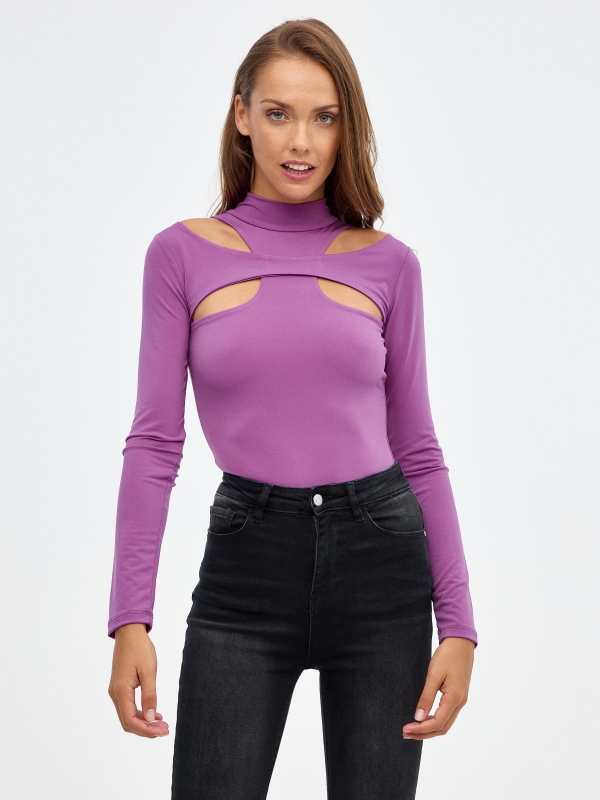 Body cut out with ruching purple middle front view