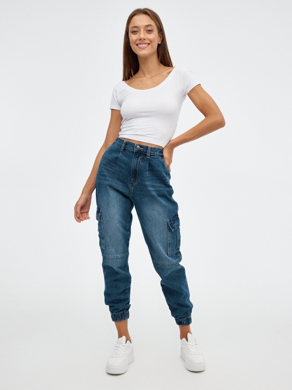 Denim cargo mom jeans blue front view