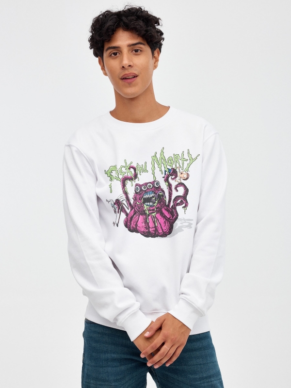 Sweatshirt sem capuz Rick&Morty branco vista meia frontal