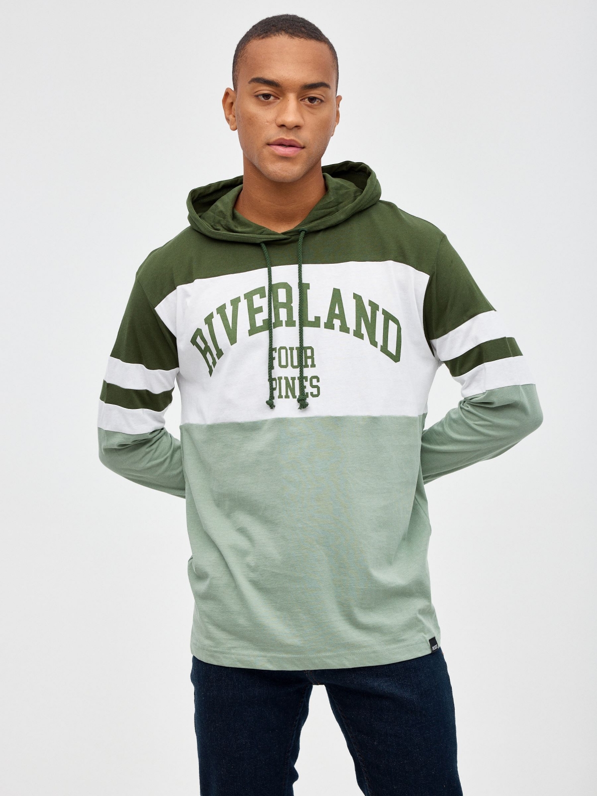 Riverland hooded T-shirt greyish green middle front view