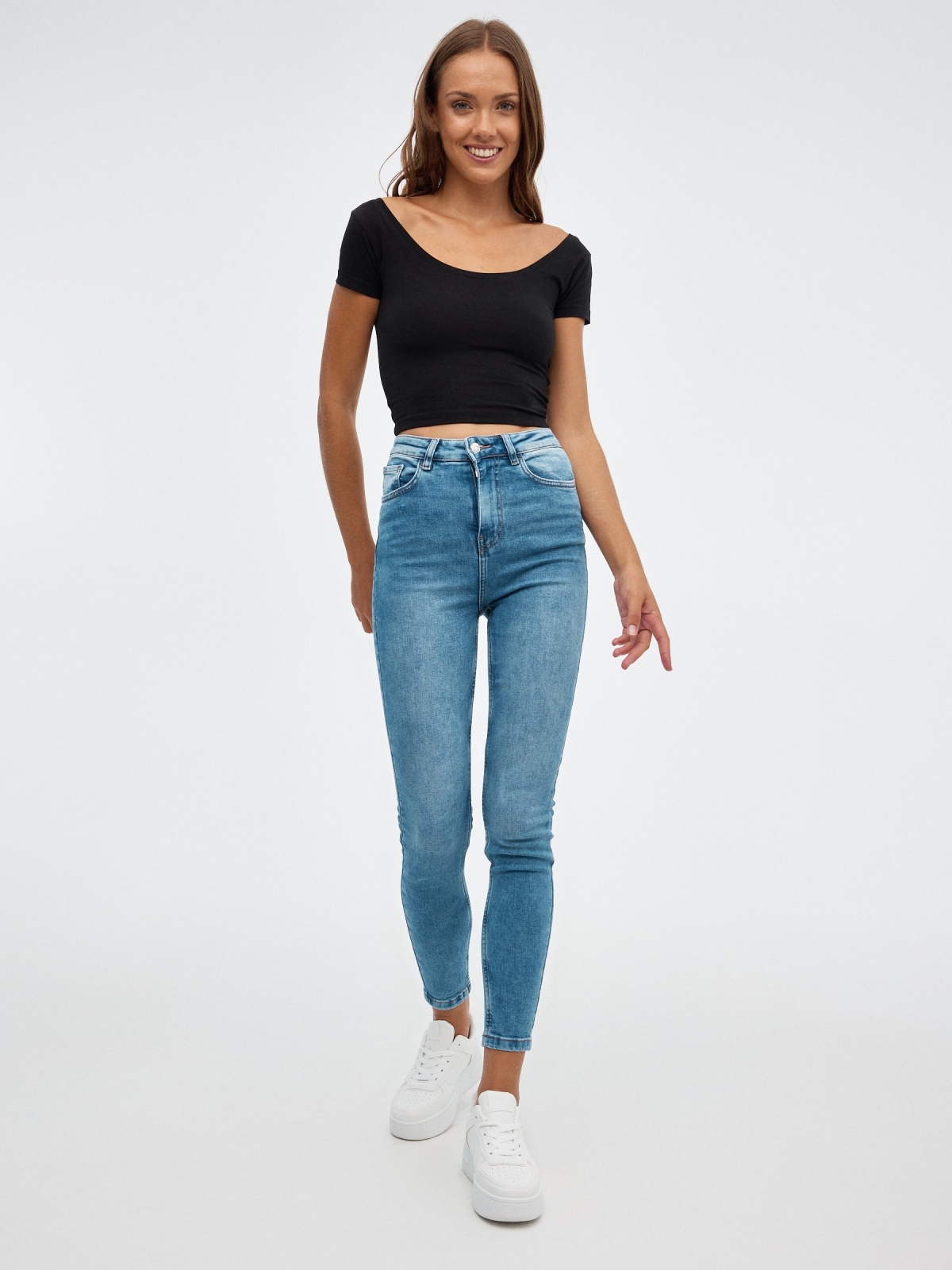 Denim skinny jeans high rise blue front view