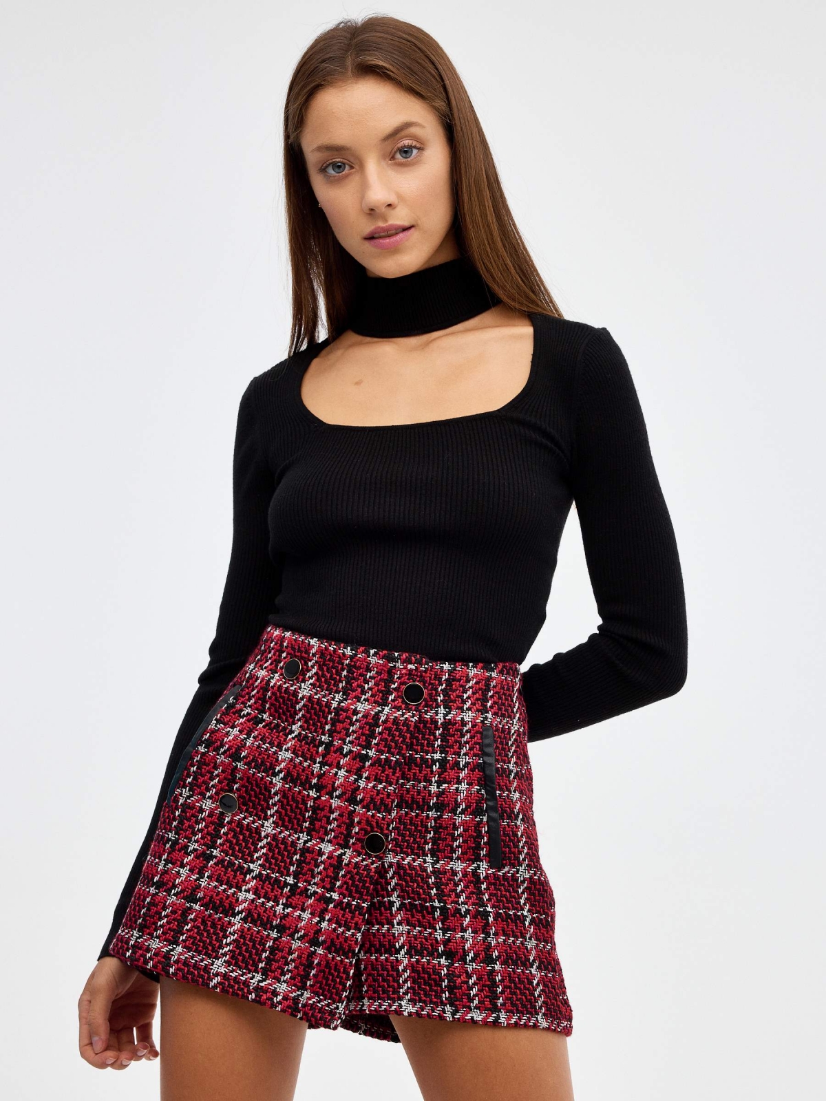 Skort tweed con botones rojo vista media frontal