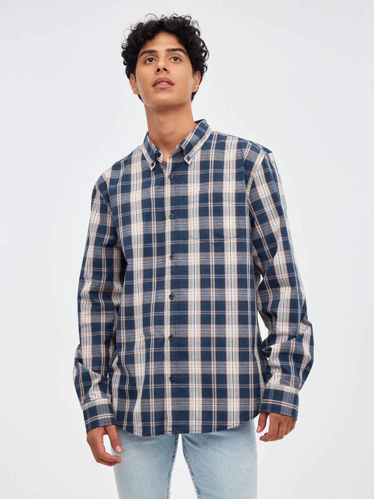 Plaid shirt with pocket blue middle front view