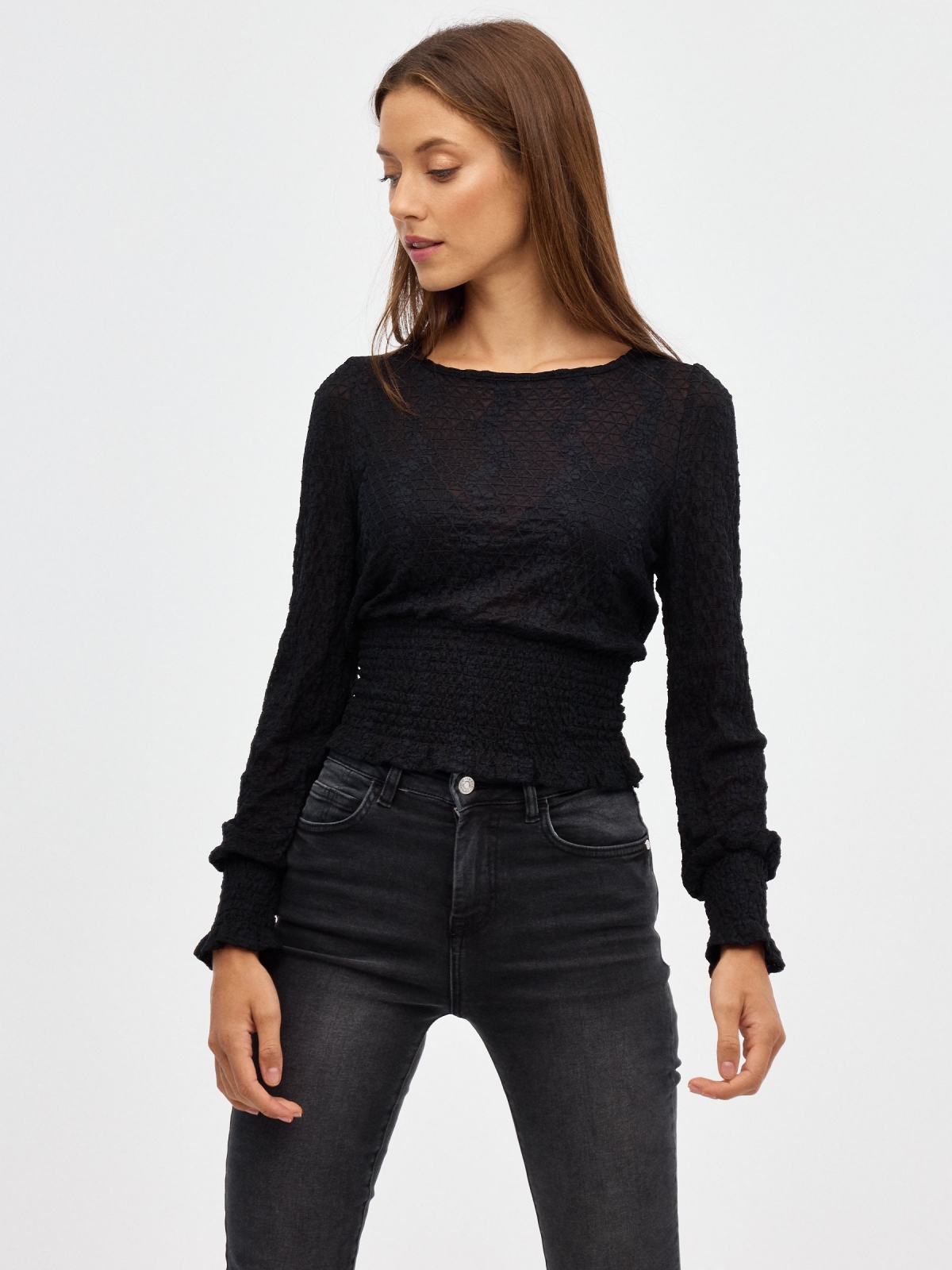 Textured lace shirt black middle front view