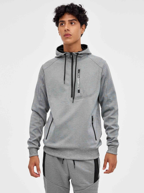 Semiclosed sweatshirt with hood grey middle front view