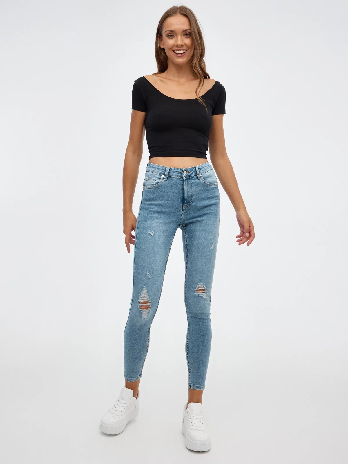 Jeans mid rise skinny push up azul claro vista geral frontal