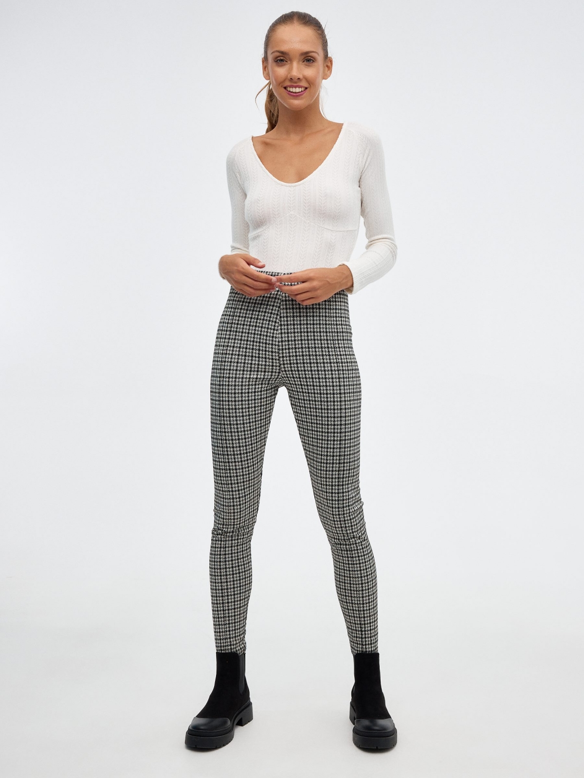 Leggings de cintura alta houndstooth preto vista geral frontal