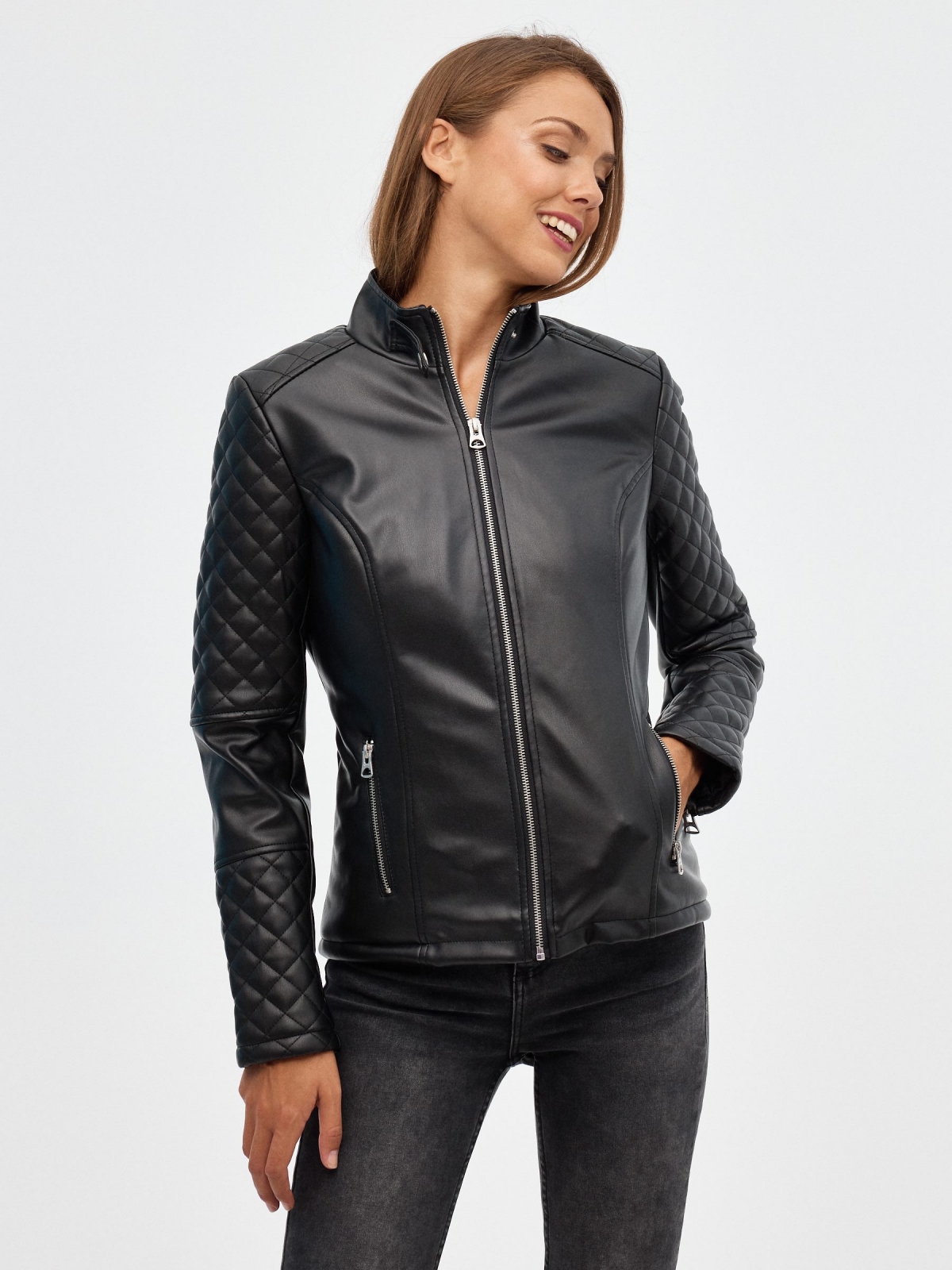 Leather effect biker jacket black middle front view