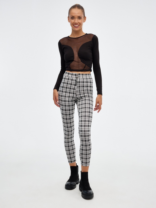 Plaid leggings with zipper black front view