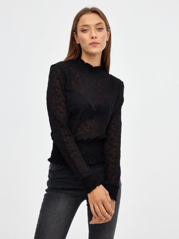 Mini print elastic blouse black middle front view
