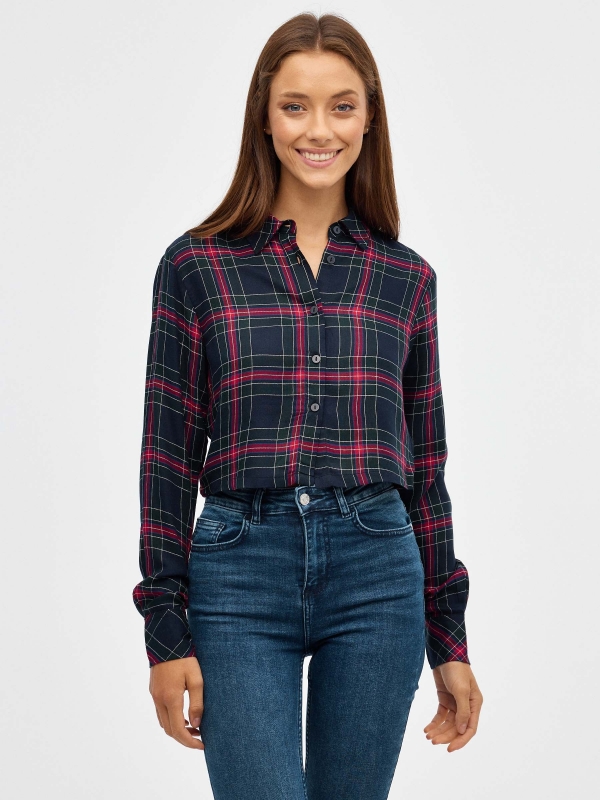 Plaid crop shirt navy middle front view