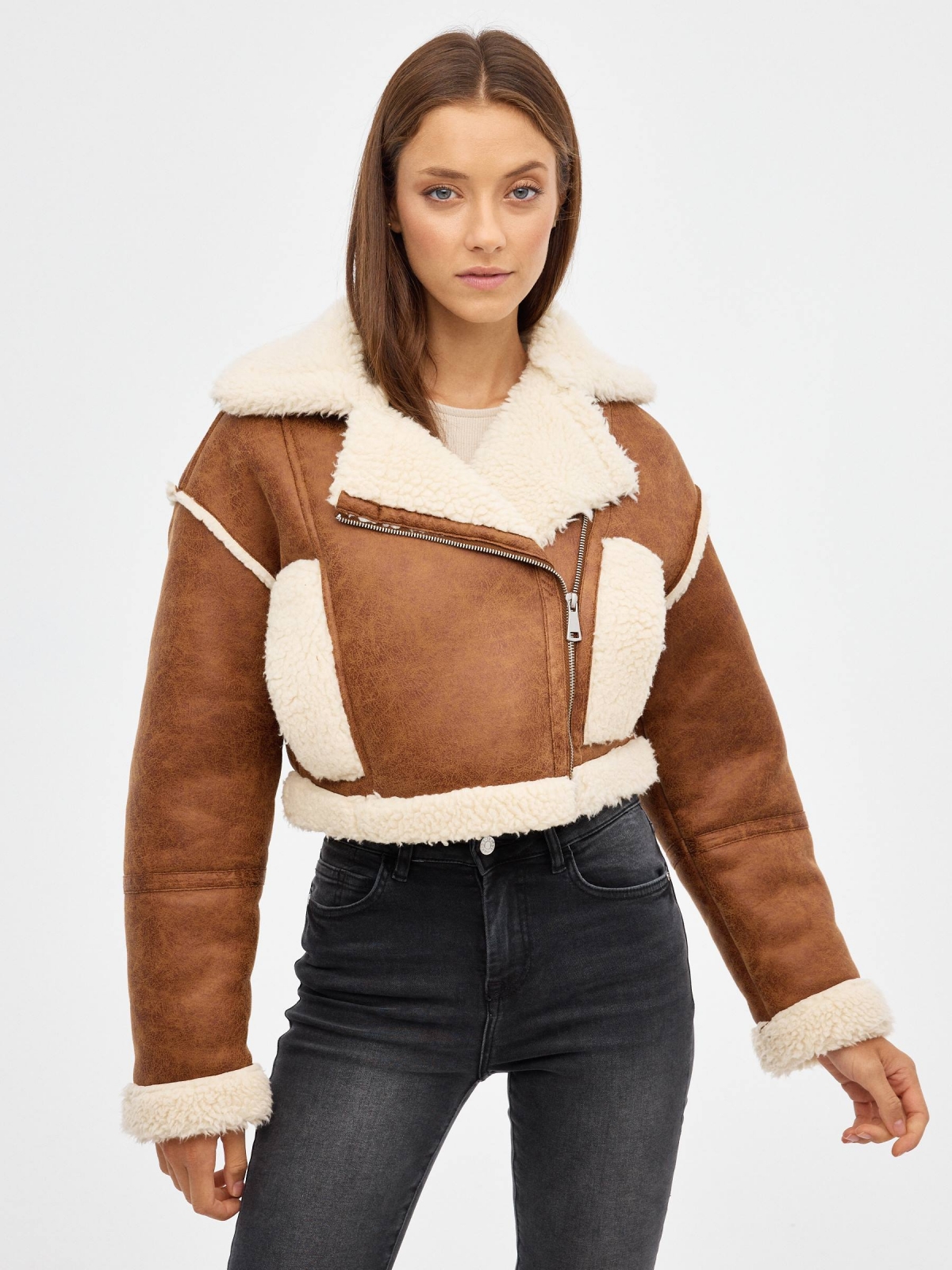 Aviator jacket sheep sheepskin brown middle front view