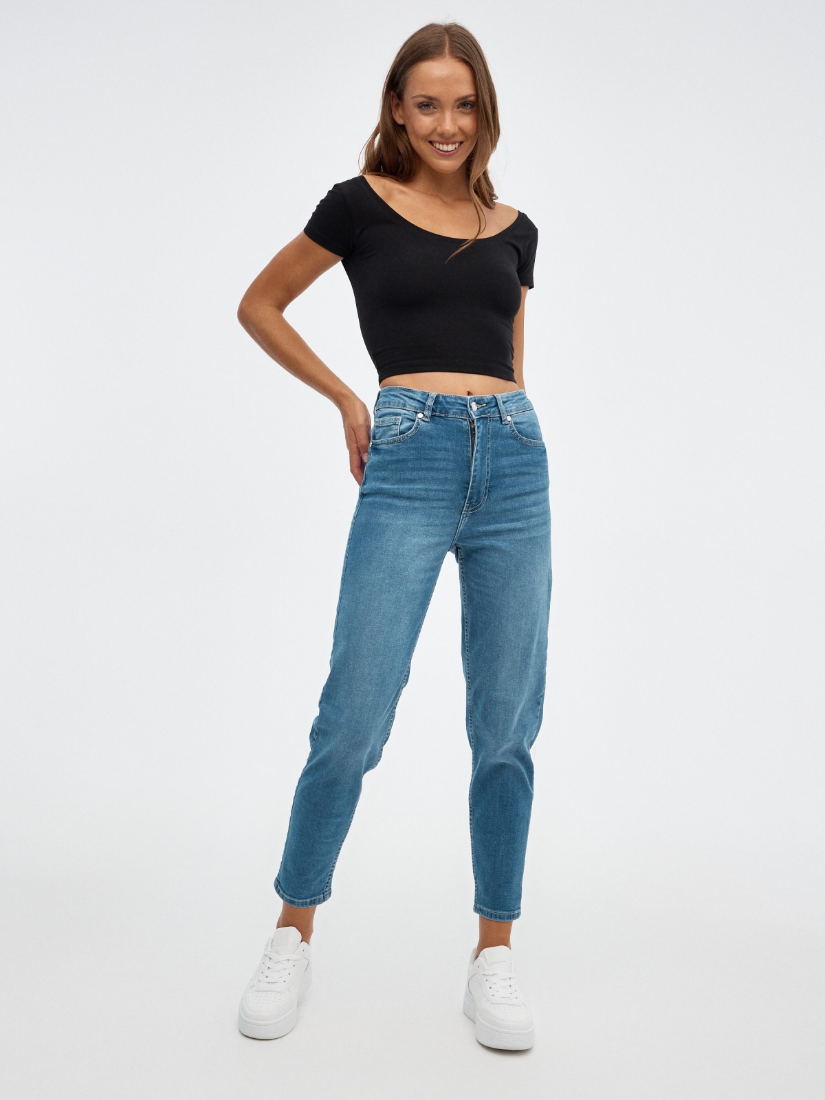 Mom slim high rise jeans blue front view