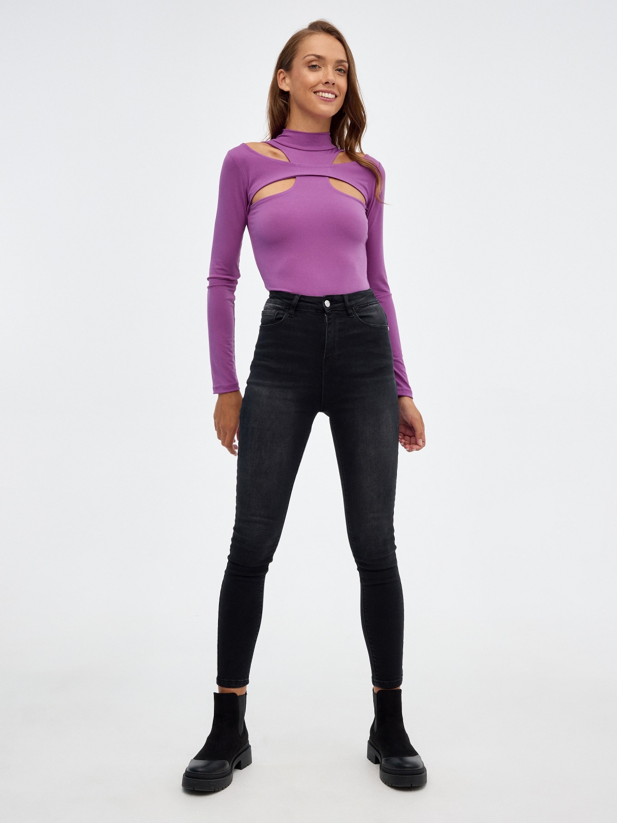 Body cut out with ruching purple front view