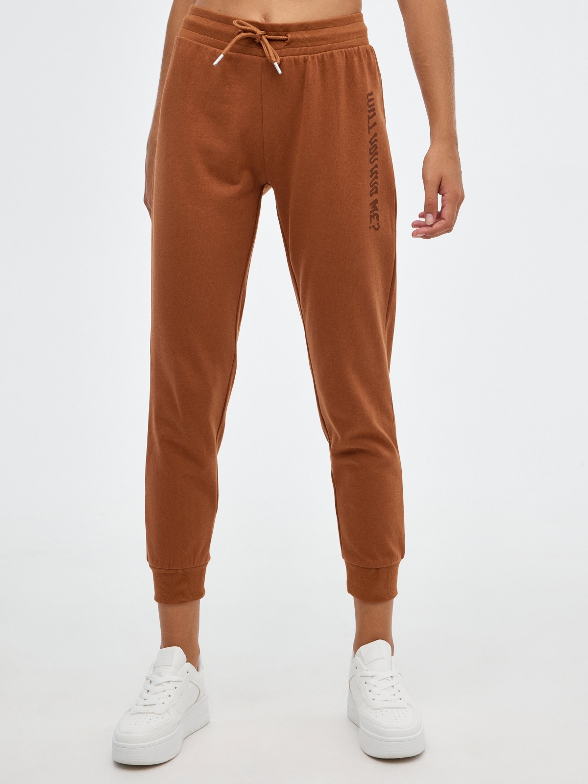 Graphic print jogger pants brown middle front view