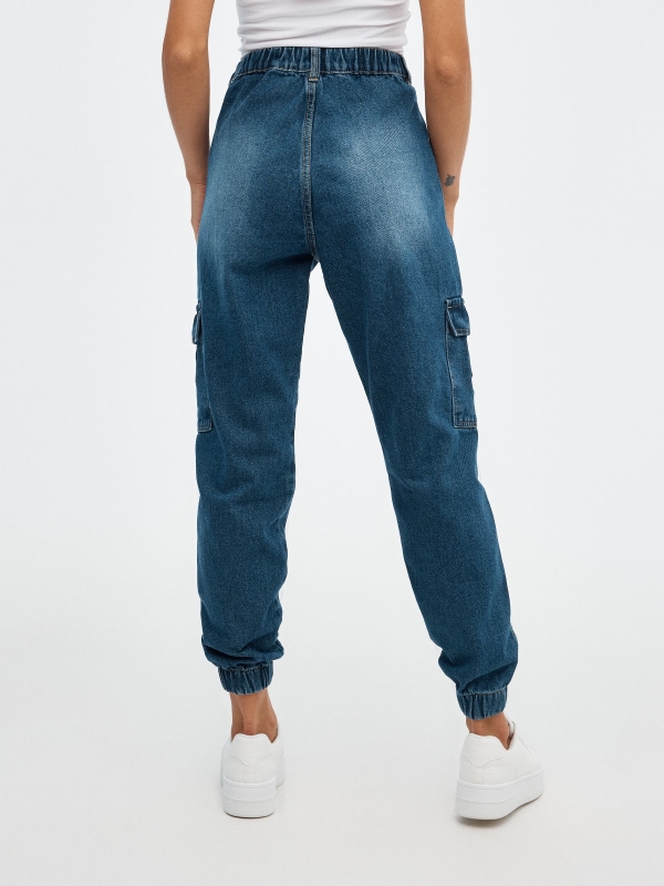 Denim cargo mom jeans blue middle back view