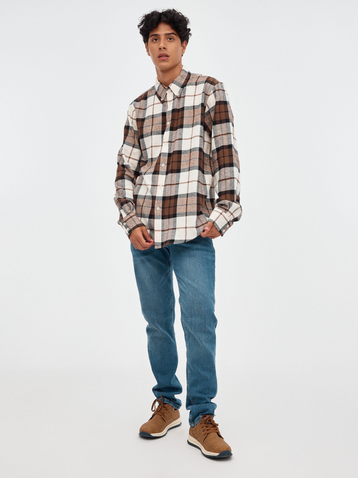 Plaid flannel shirt brown front view