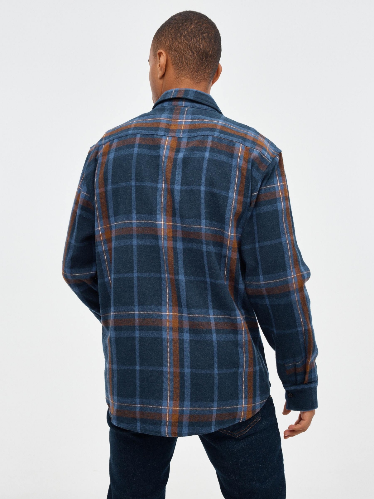 Plaid overshirt with pockets blue middle back view