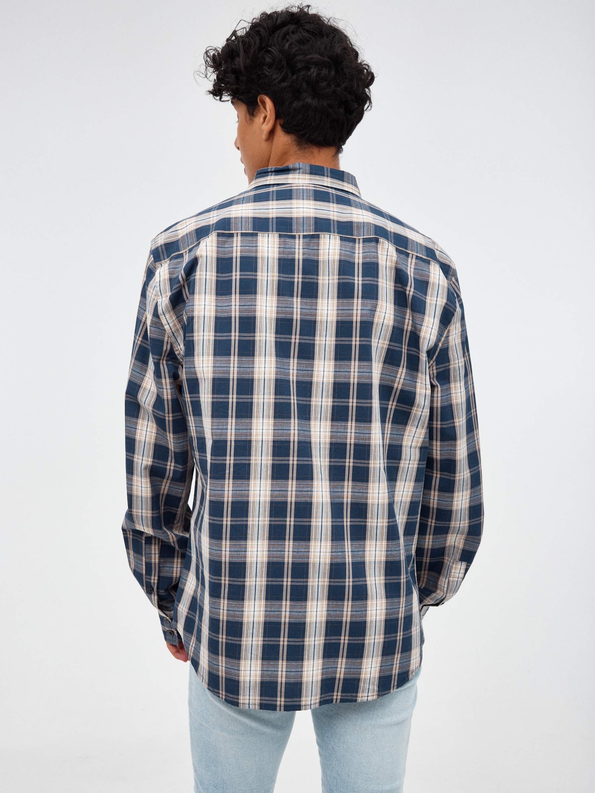 Plaid shirt with pocket blue middle back view