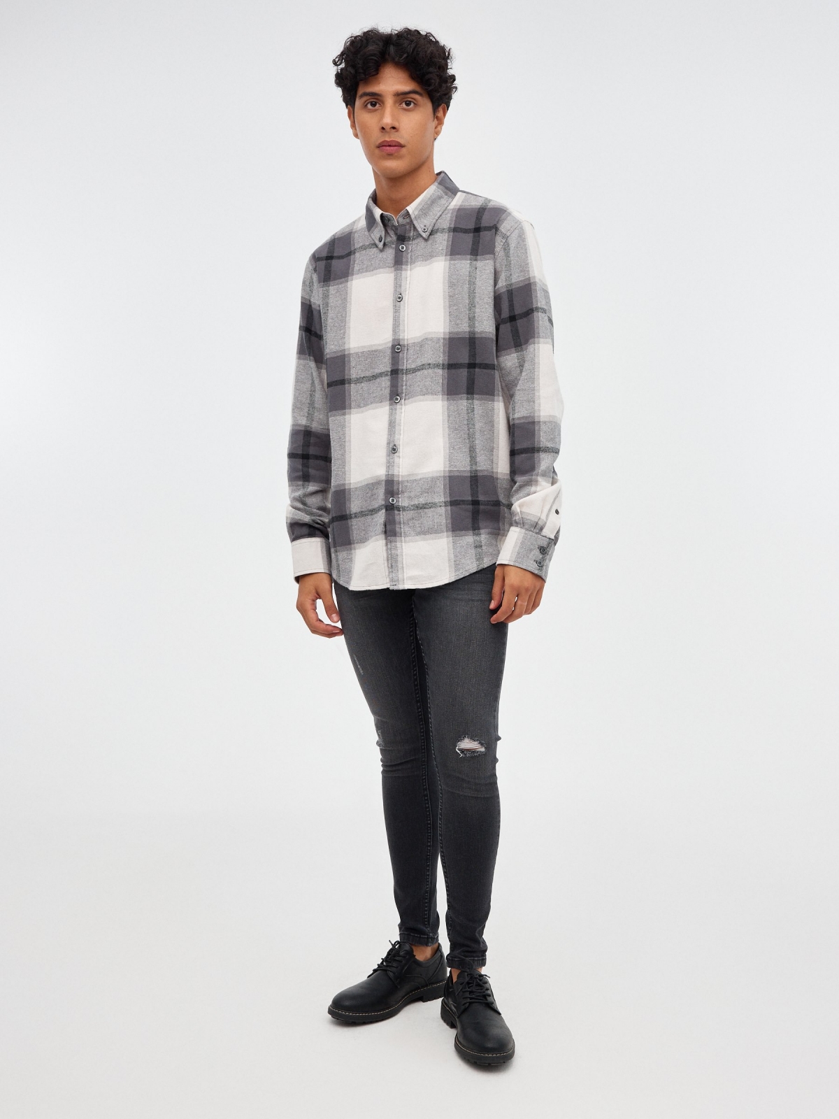 Plaid flannel shirt grey front view