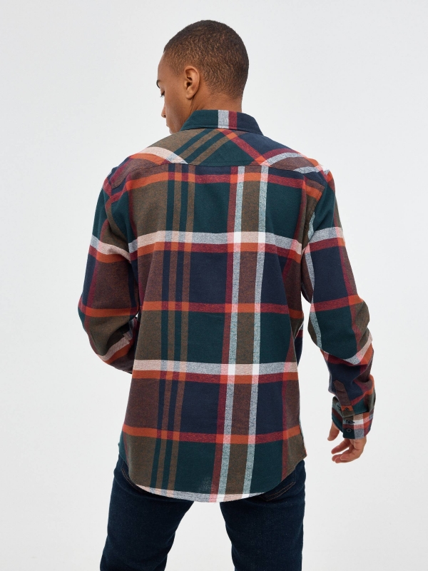 Green flannel shirt blue middle back view