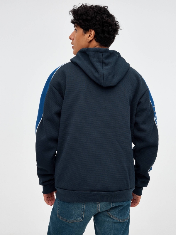 Zipper sweatshirt with text dark blue middle back view
