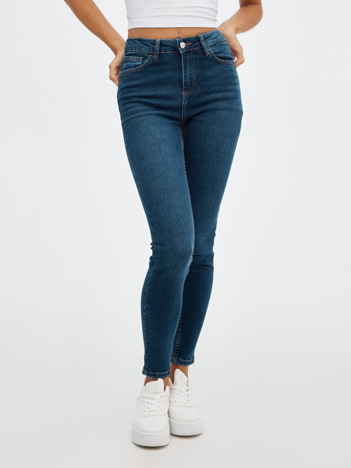 Modern mom slim denim jeans dark blue middle front view