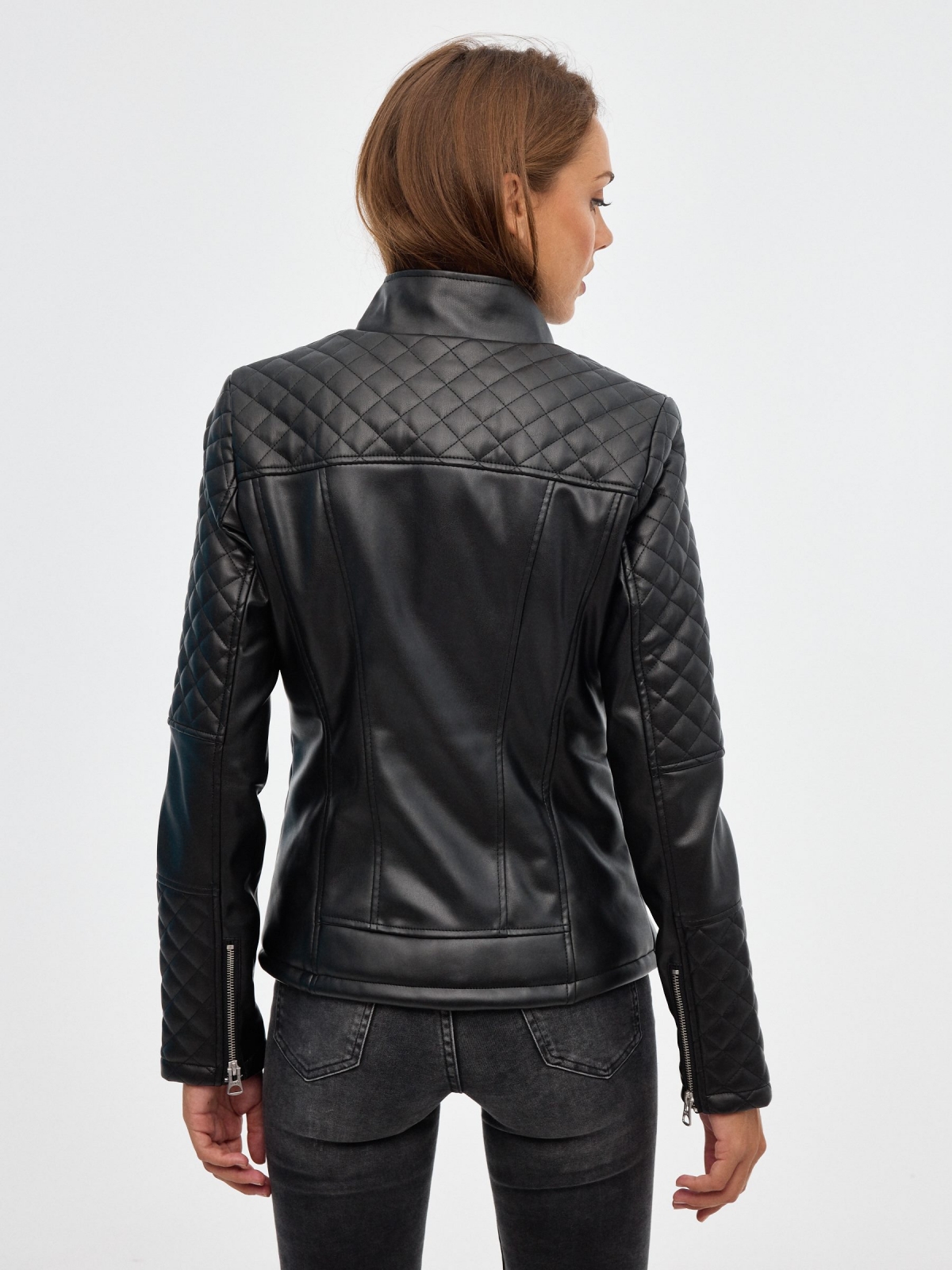 Leather effect biker jacket black middle back view