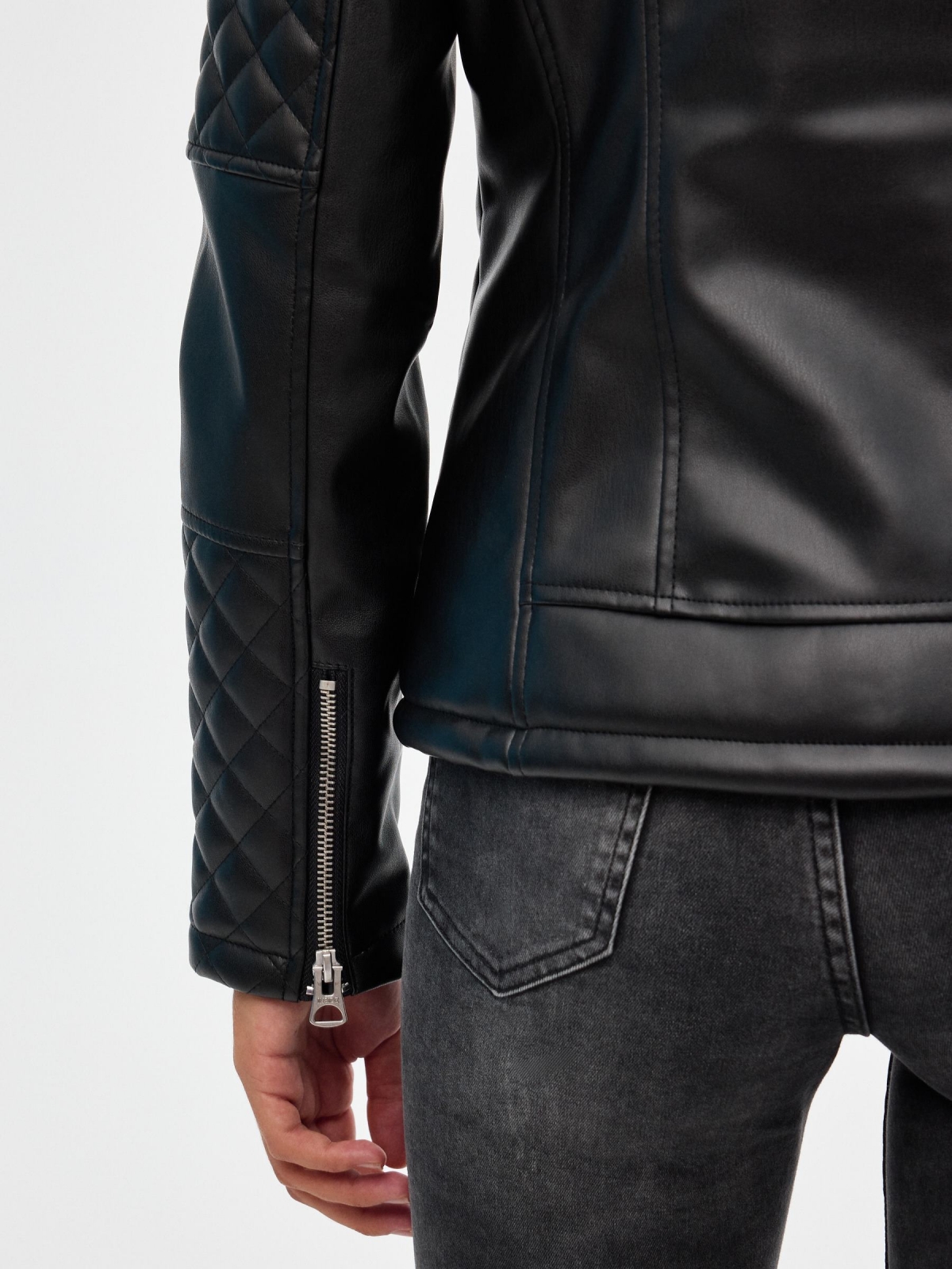 Leather effect biker jacket black detail view