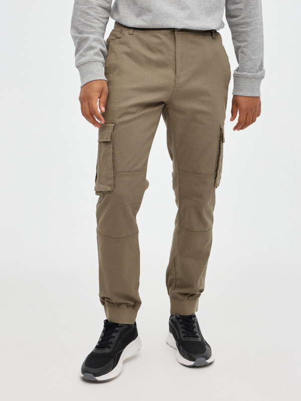 Jogger pants with pocket legs khaki middle front view