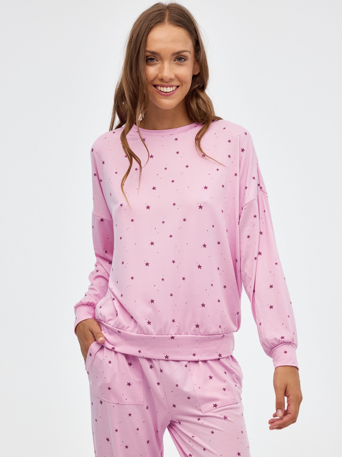 Pijama terciopelo estrellas malva vista media frontal