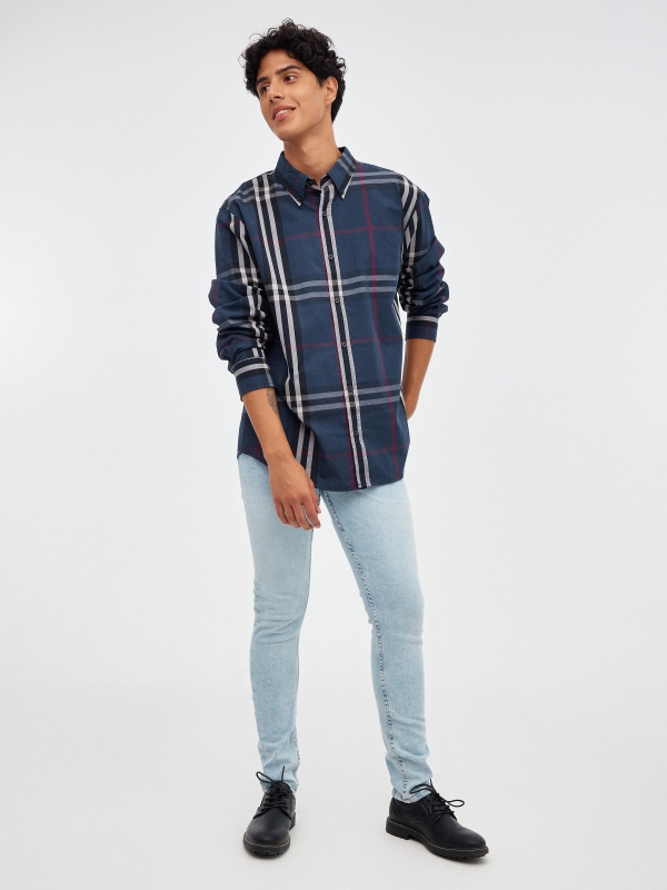 Camisa de lã axadrezada regular azul vista geral frontal