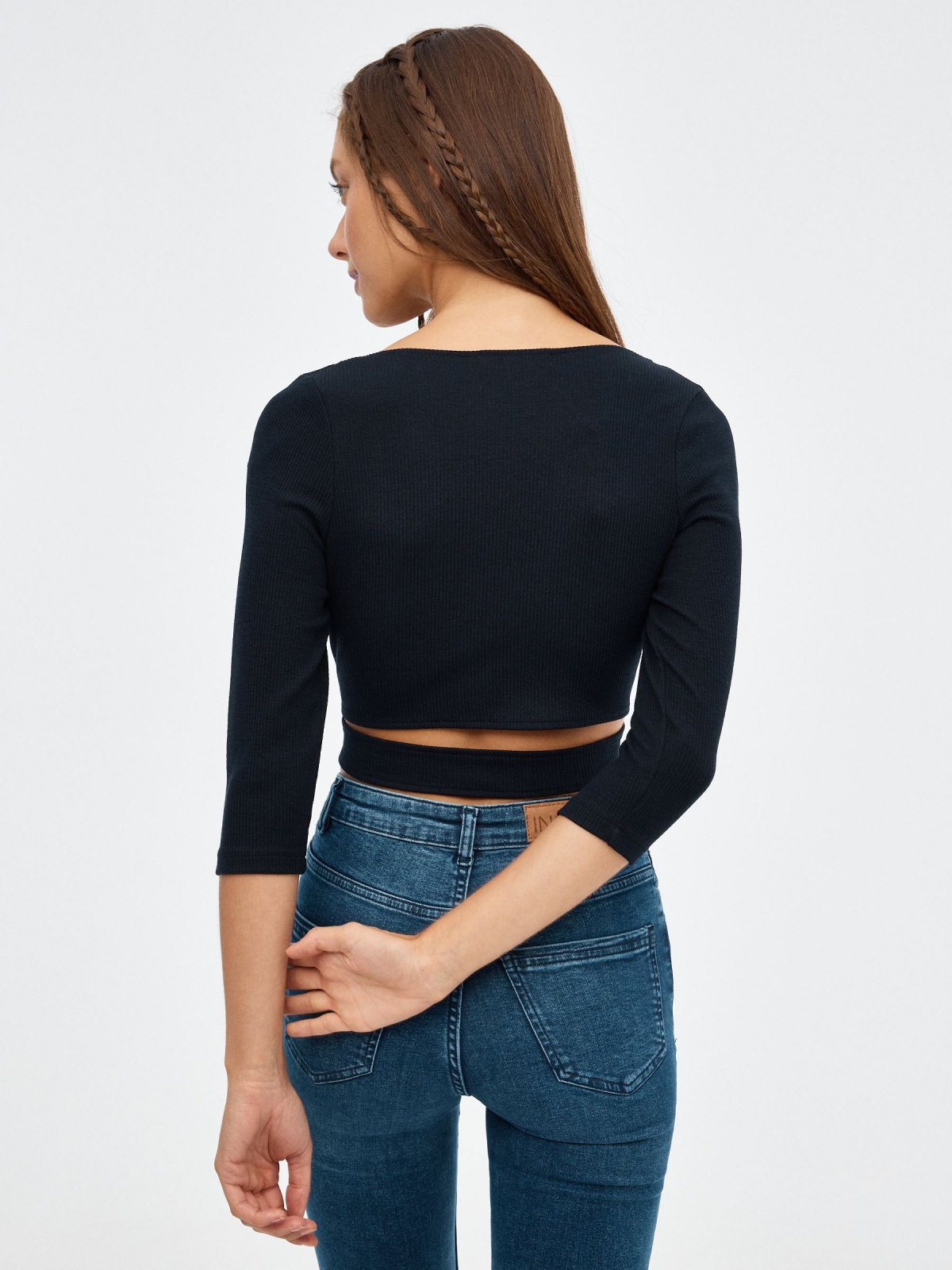 Crop top slim crossover black middle back view