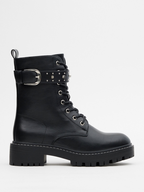 Lace-up boots with buckle and studs black