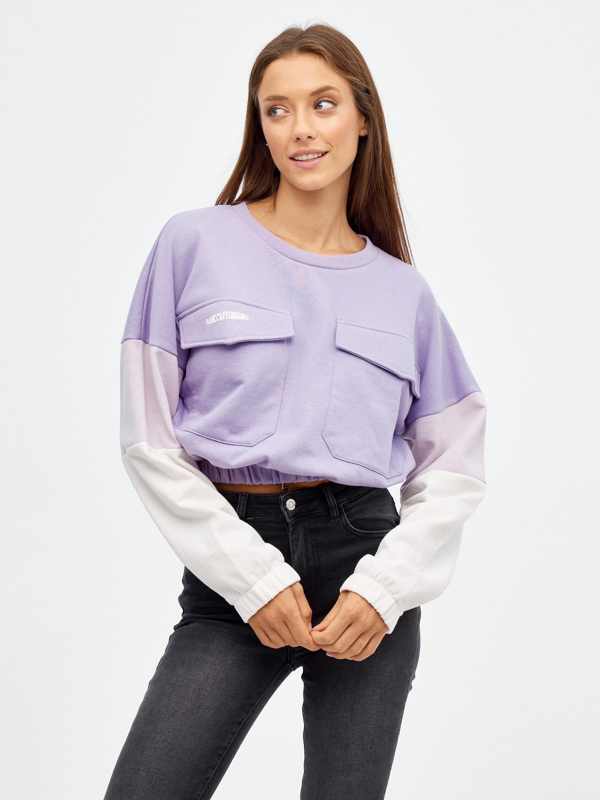 Crop sweatshirt with pockets mauve middle front view