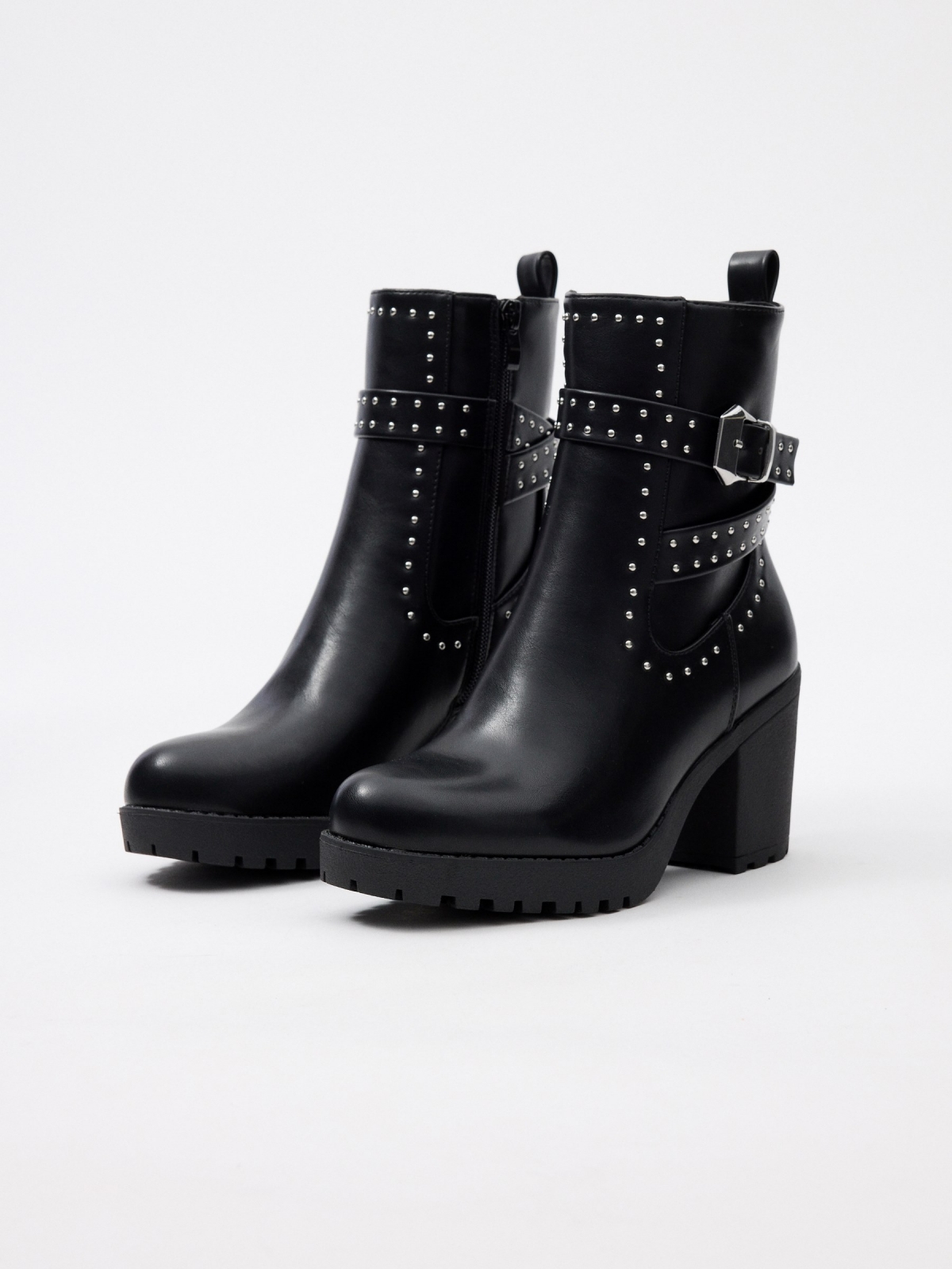 Elasticated and studded ankle boots black 45º front view