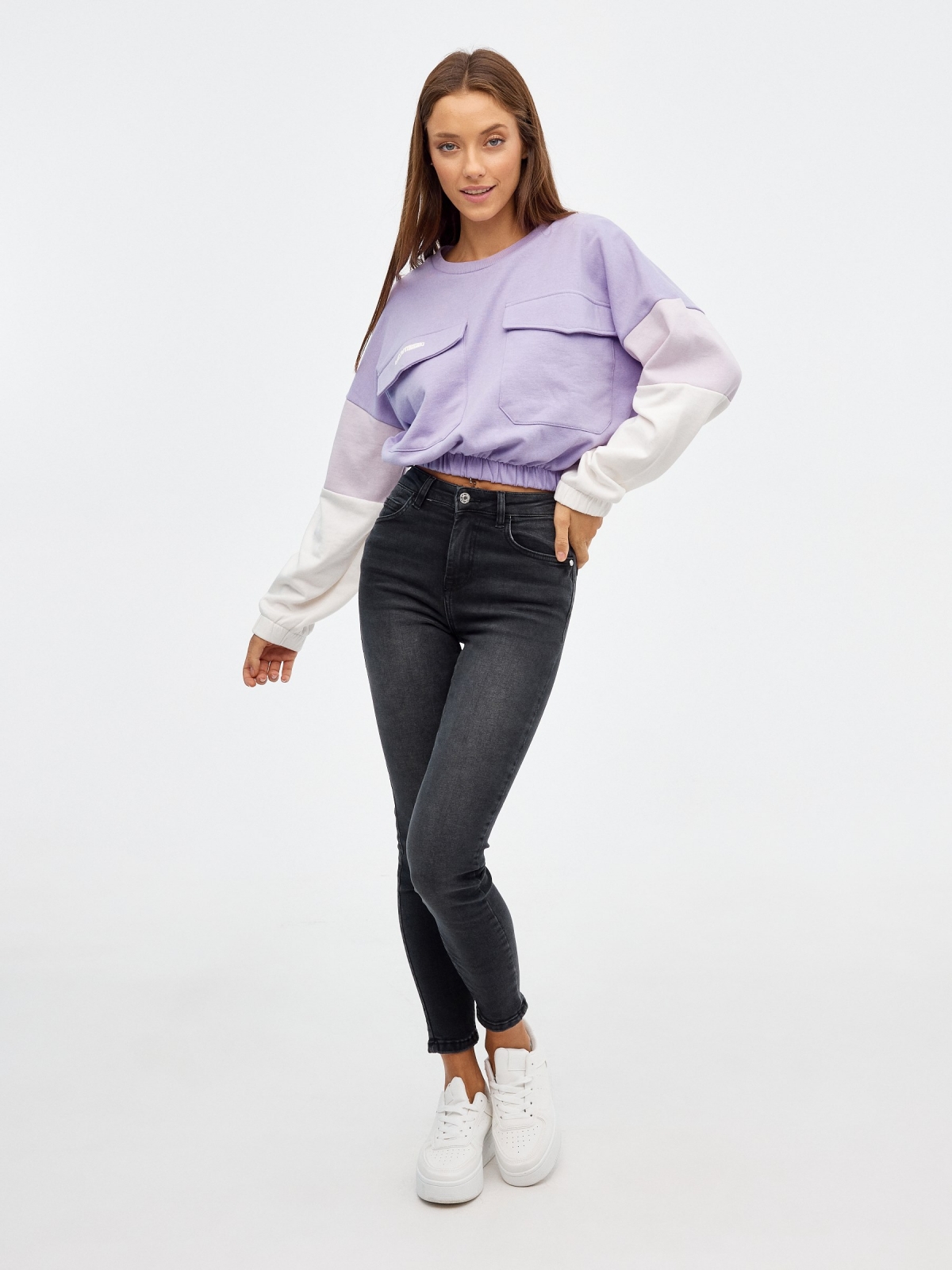 Crop sweatshirt with pockets mauve front view